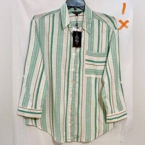 Mint Green and White Striped Casual Button Down Shirt